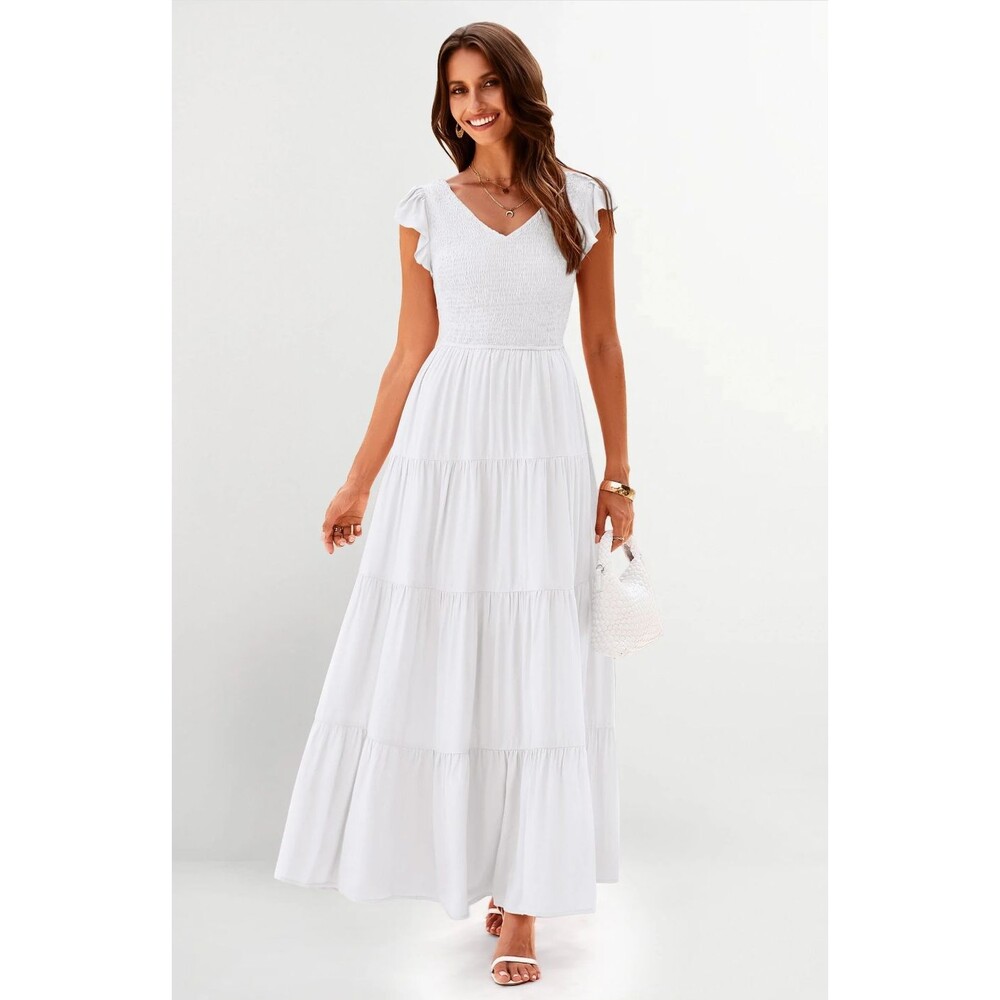 Pretty Garden Cottage Prairie Cap Sleeve Tiered Maxi Peasant Dress White NWT Lrg - Picture 5 of 6